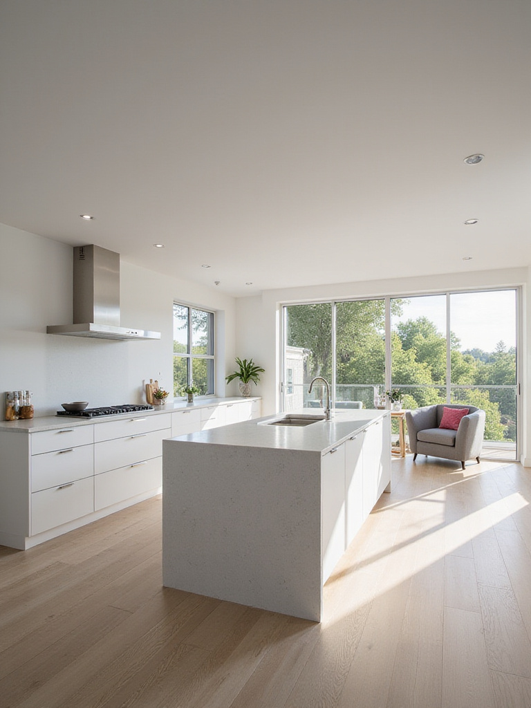 Bright, open contemporary kitchen with a seamless island-centric layout and waterfall countertop.