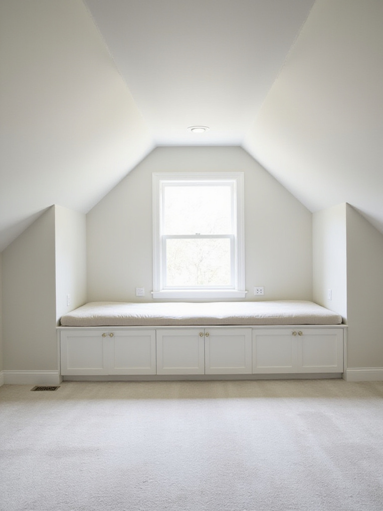 Attic bedroom with white built-in storage under eaves and a window seat with storage.