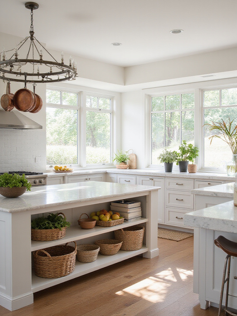 Farmhouse kitchen with smart storage solutions, including open shelving, pot rack, and kitchen island.