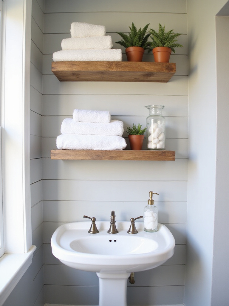 Farmhouse bathroom with reclaimed wood open shelving displaying towels and succulents.