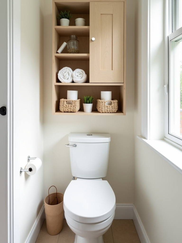 Over-the-toilet storage unit with towels, baskets, and plant in a small bathroom.