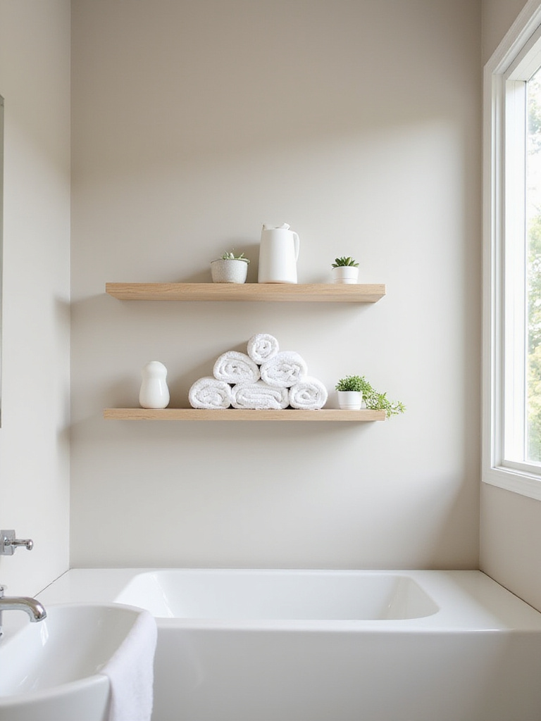 Bathroom with light-colored floating shelves holding towels, plants, and diffuser.