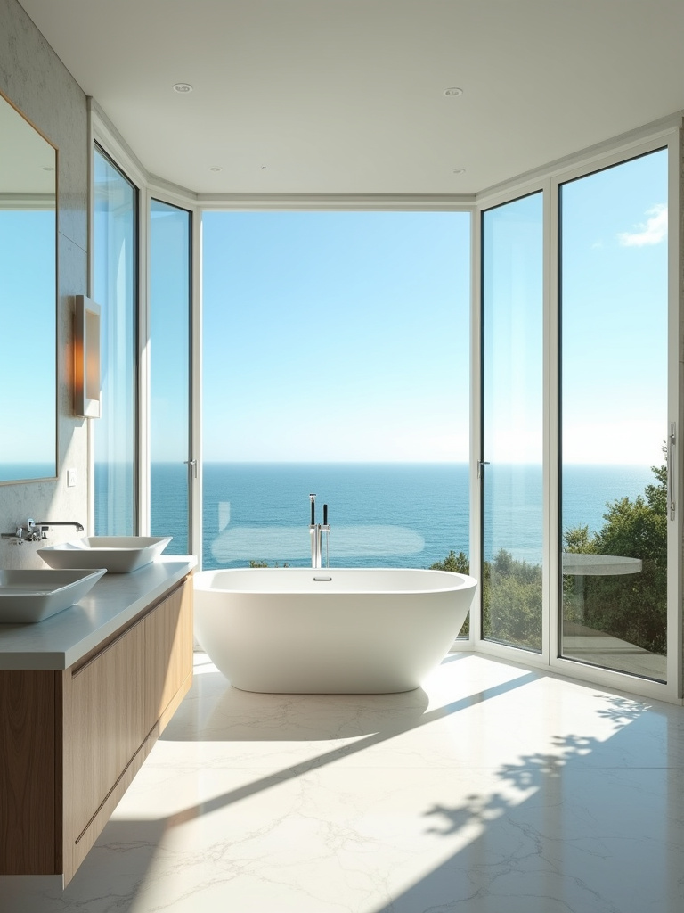 Coastal bathroom maximizing views with large windows overlooking the ocean, creating a bright and open space with a strong connection to nature.