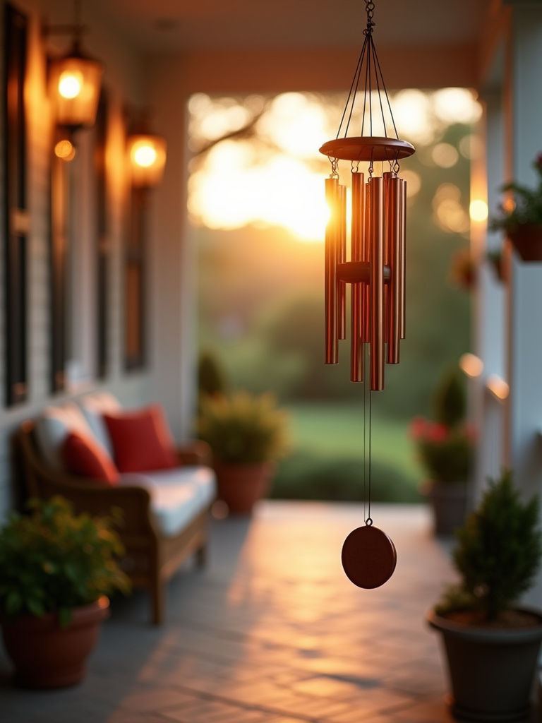 Soothing copper wind chimes hanging on a welcoming front porch at sunset, creating a relaxing atmosphere.