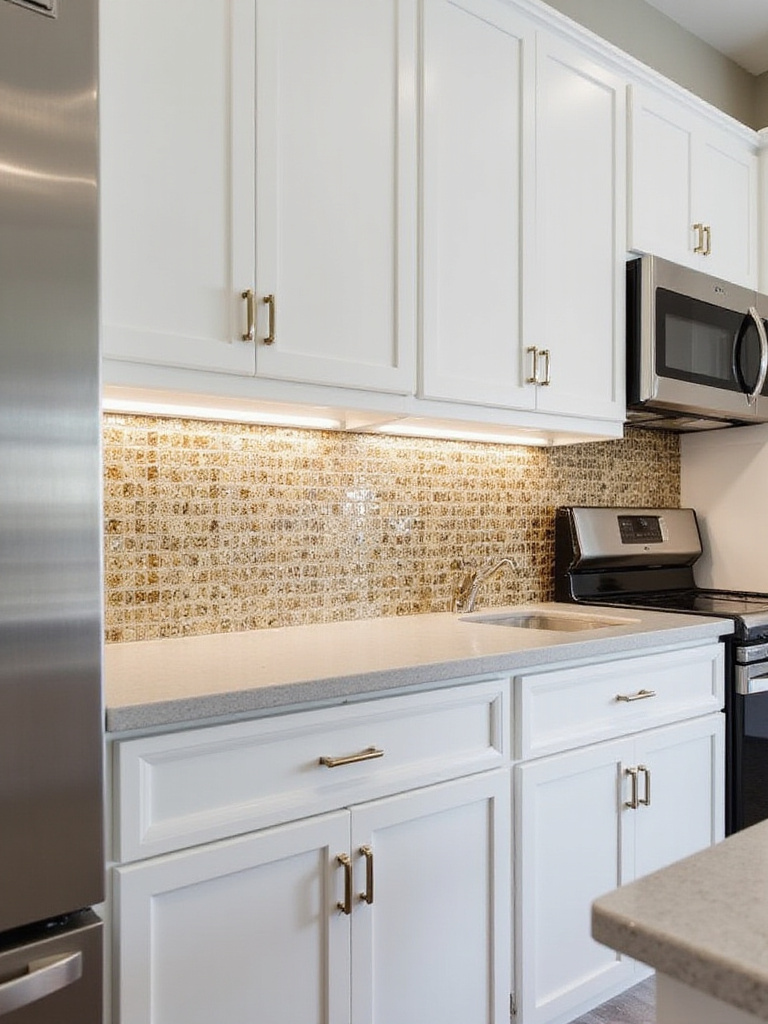 Modern kitchen with gold metallic backsplash tiles