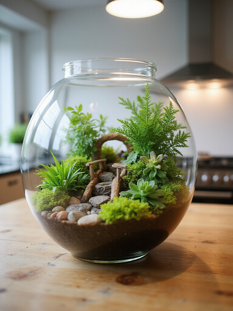 Enchanting terrarium centerpiece with tiny plants on a kitchen table