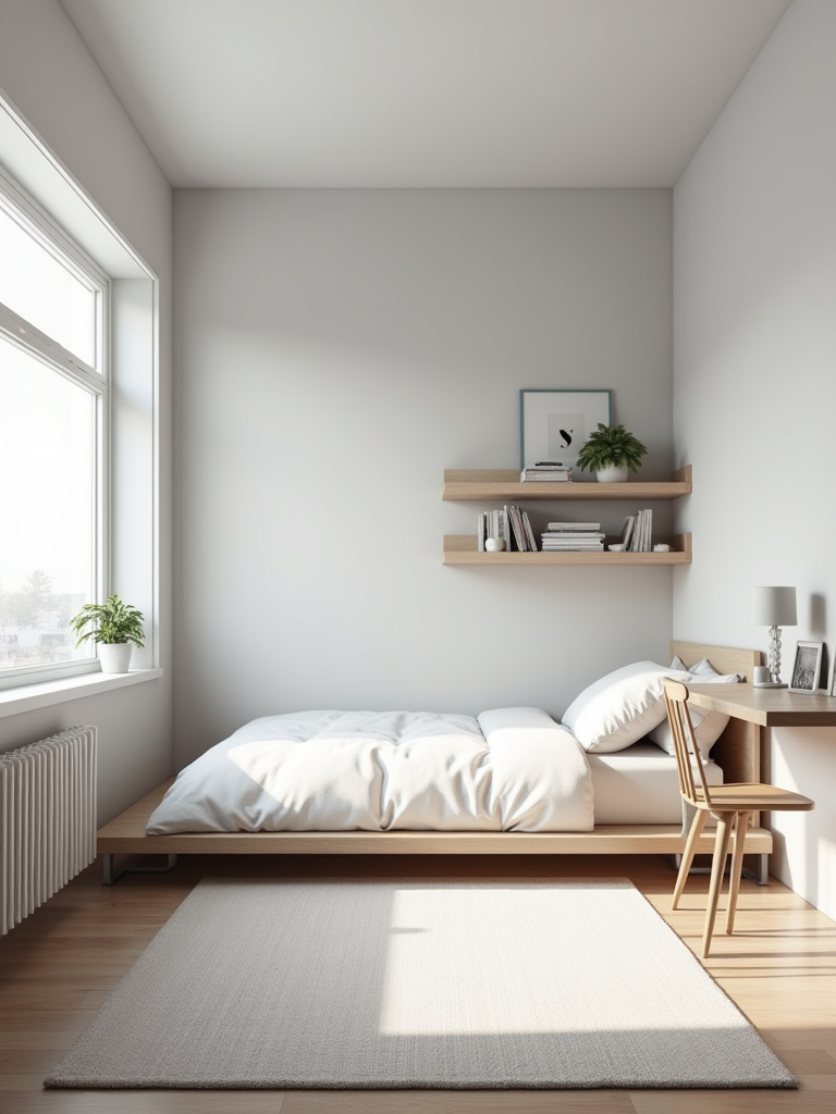 Minimalist teen bedroom with clean lines, platform bed, and bright natural light.