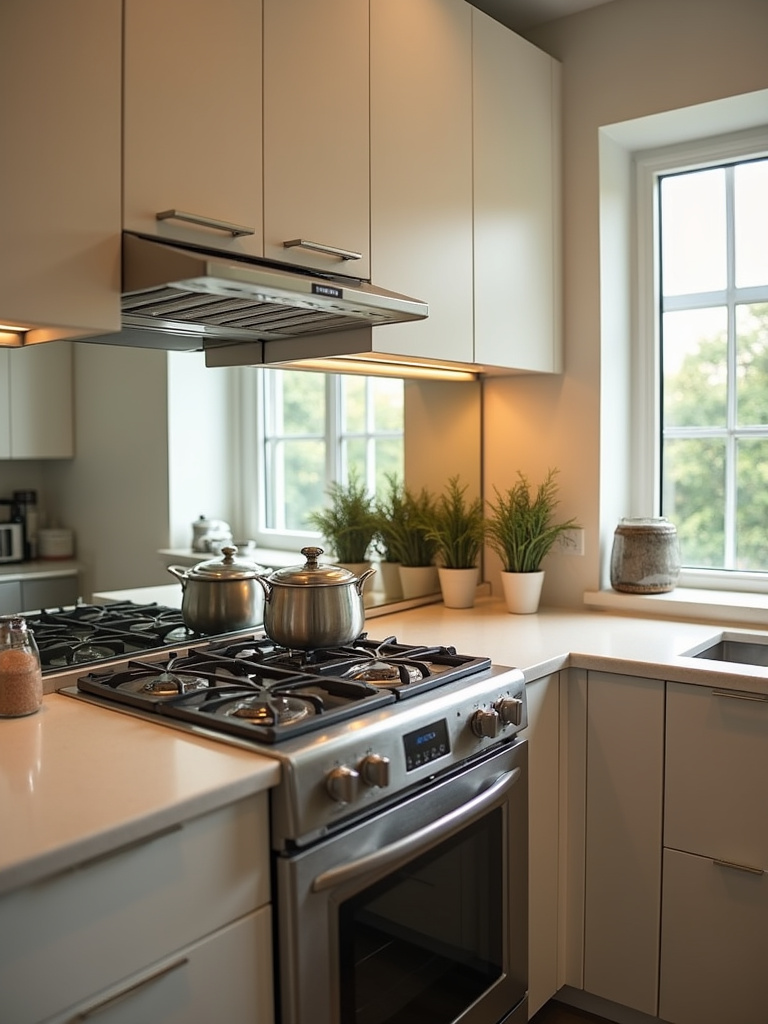Small apartment kitchen with mirrored backsplash, creating the illusion of a larger space.
