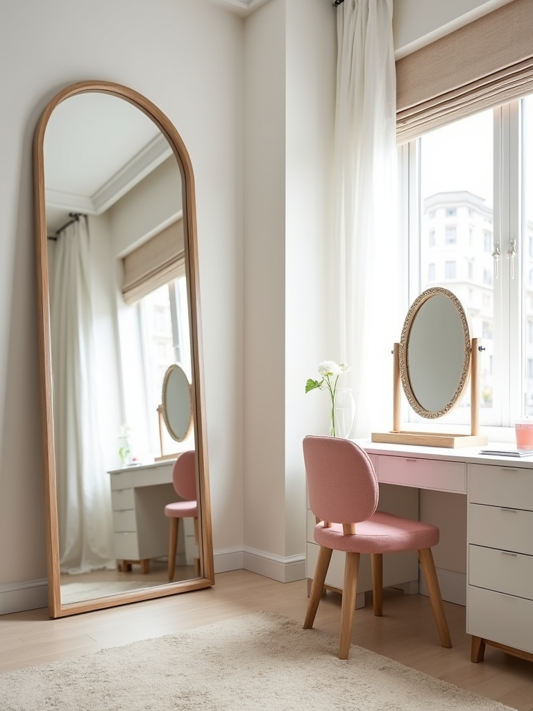 Teen bedroom with stylish mirrors, including a full-length arched mirror and a vanity mirror.