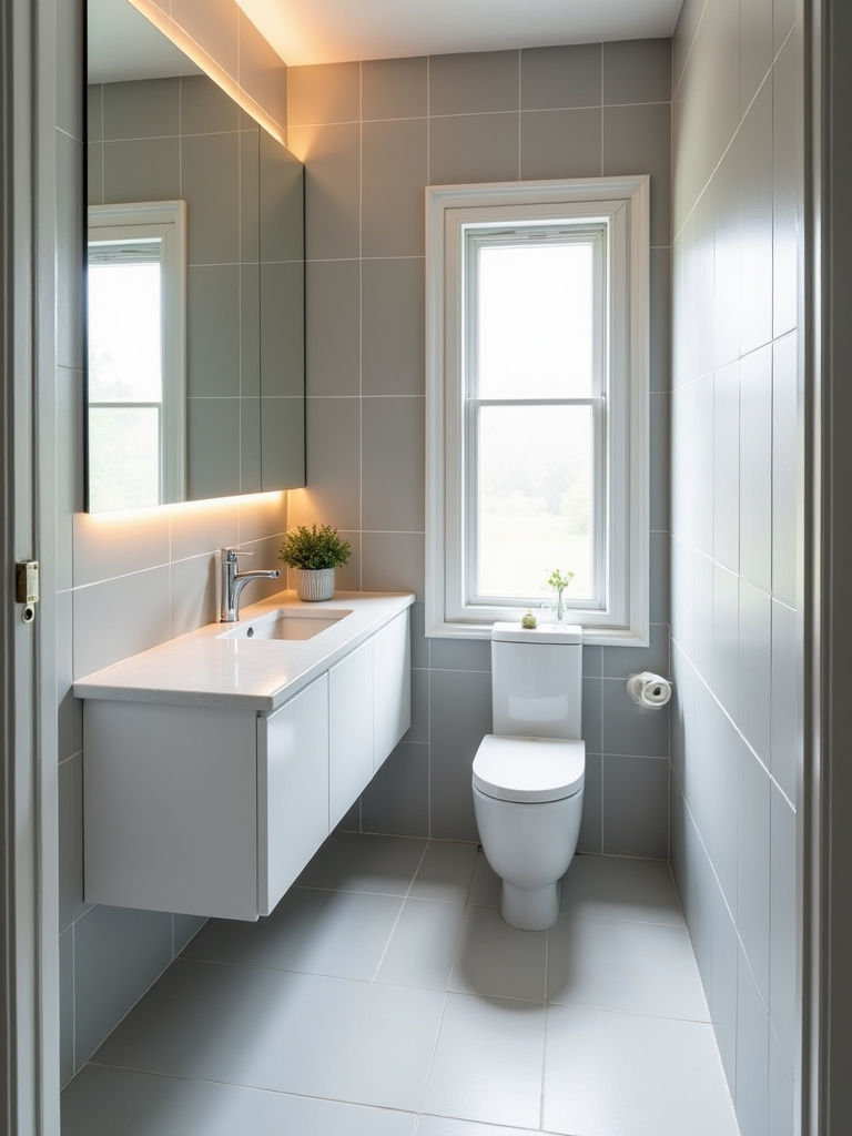 Small bathroom with a large, frameless mirror creating the illusion of more space.