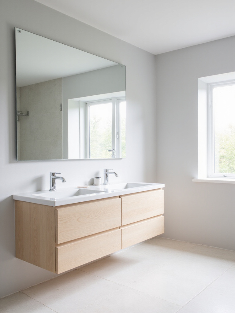 Modern bathroom with oversized frameless mirror above double vanity