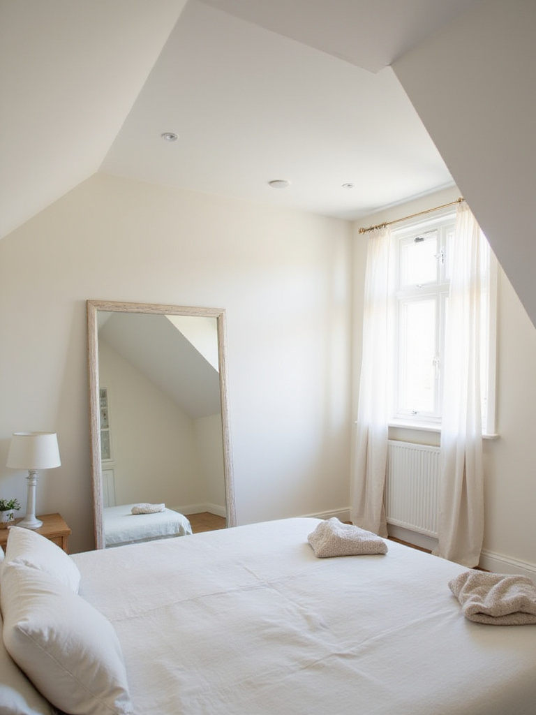 Attic bedroom with a large mirror reflecting natural light and creating the illusion of more space.