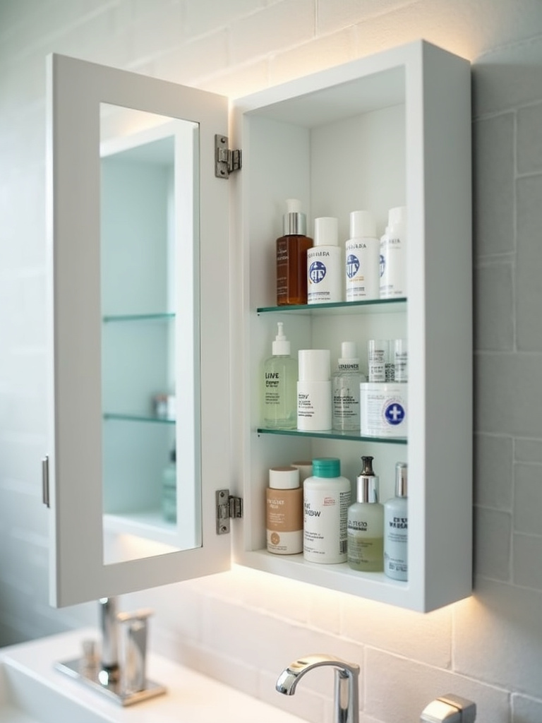 Organized medicine cabinet with mirrored door showcasing bathroom storage solutions.