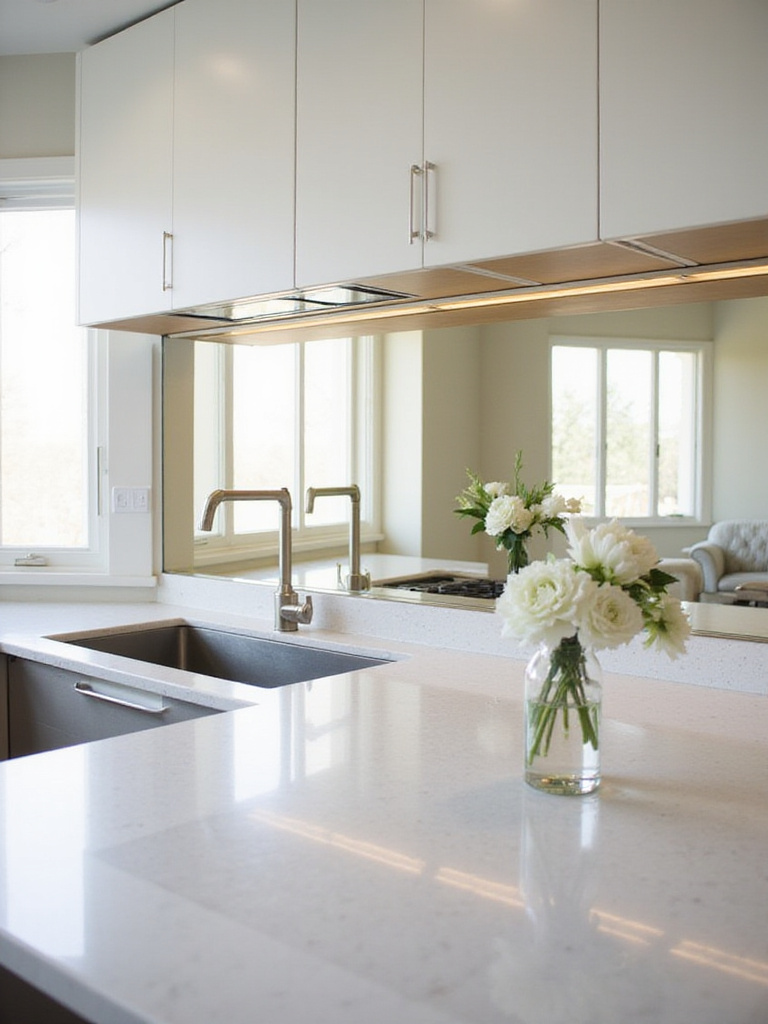 Modern kitchen with a seamless mirrored backsplash reflecting white cabinets and stainless steel appliances.