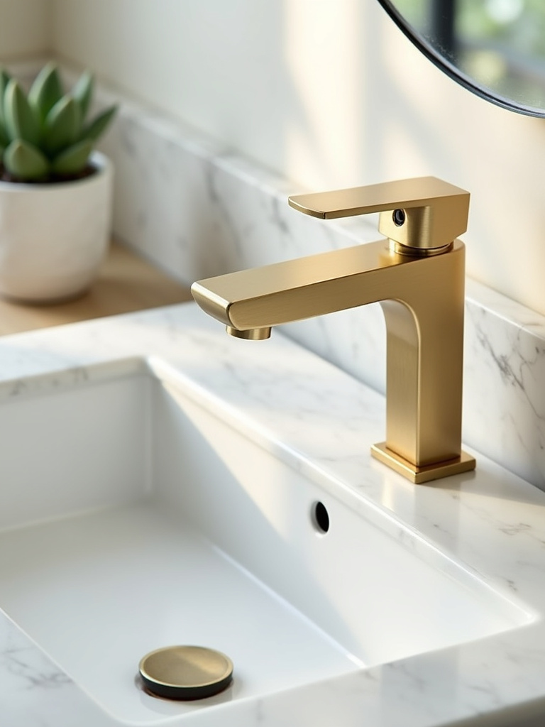 Brushed gold modern bathroom faucet on white marble countertop