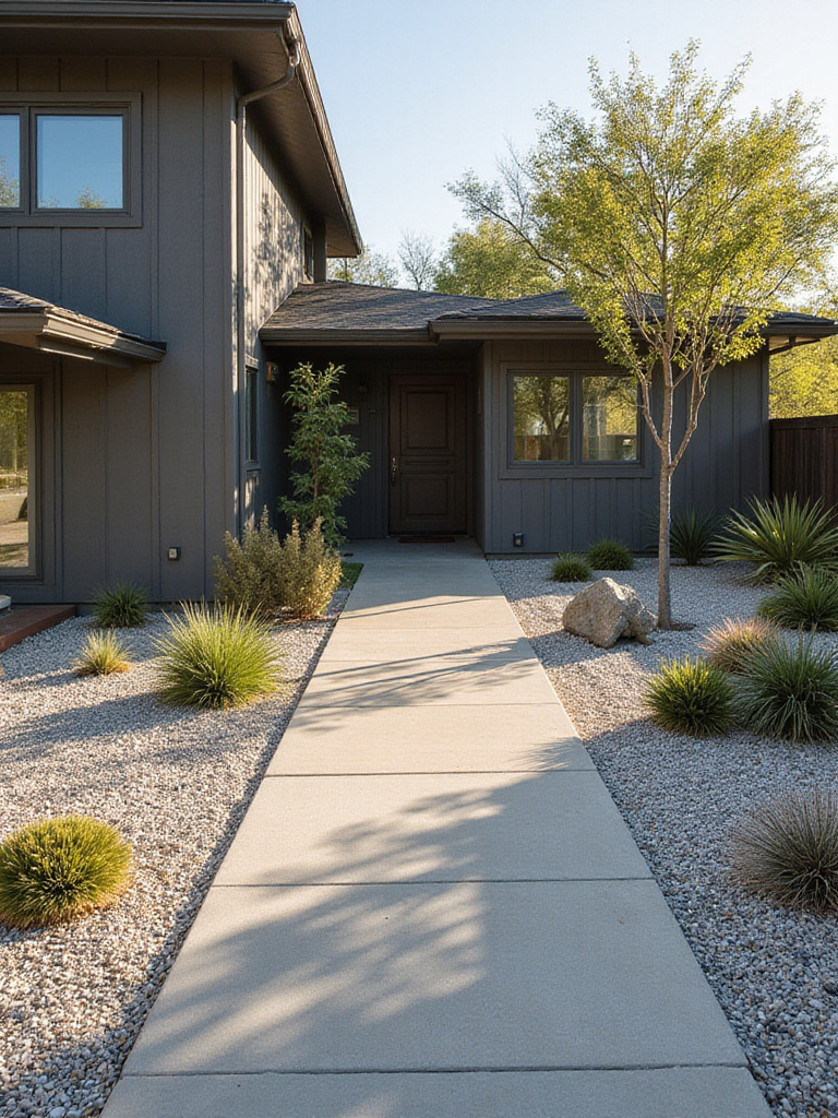 Modern minimalist front yard with gravel garden and drought-tolerant plants.