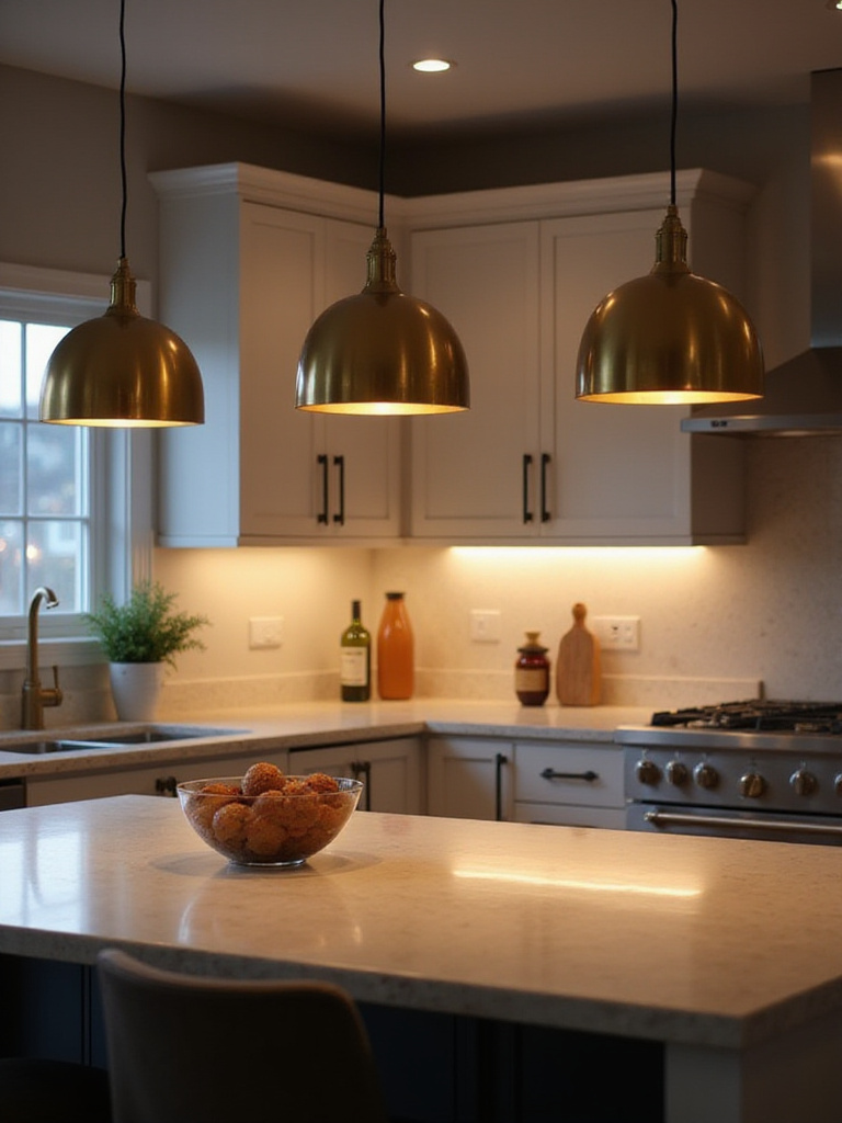 Kitchen island mood lighting with pendant lights and under-cabinet lighting