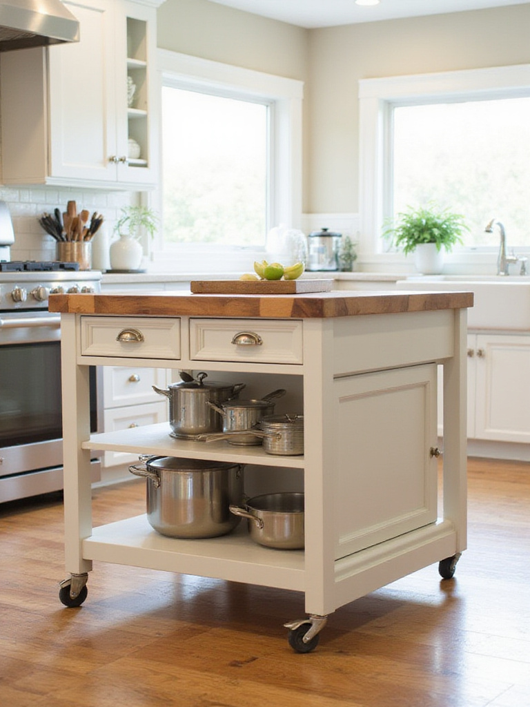 Rolling kitchen island with butcher block top and locking casters providing versatile workspace and storage in a modern kitchen.