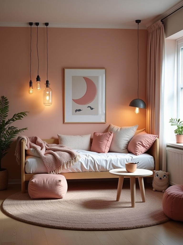 Multi-functional teen bedroom with daybed, floor cushions, and coffee table for sleep and socializing.