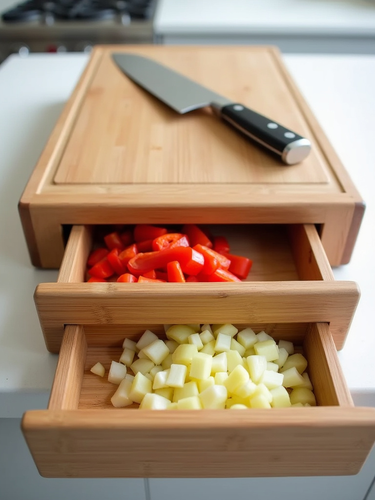 Bamboo cutting board with built-in drawers holding chopped vegetables, optimizing kitchen counter space.