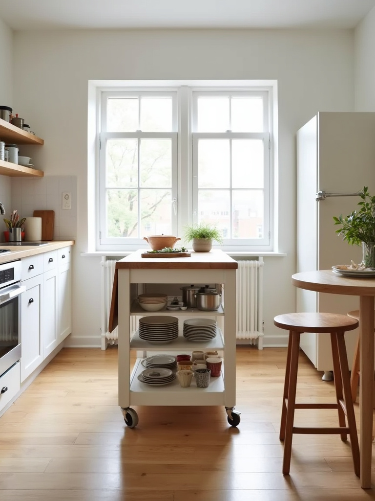 Apartment kitchen with rolling island and drop-leaf table for maximizing space