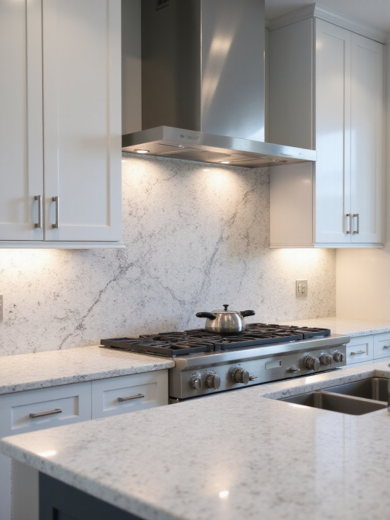 Modern kitchen with light grey granite slab backsplash