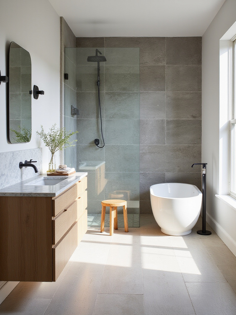 Modern bathroom featuring wood vanity, marble countertop, and slate shower wall.