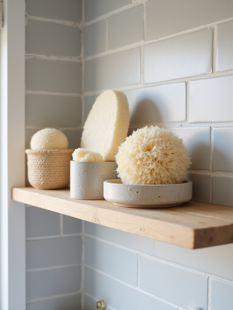 Bathroom shelf with natural loofahs and sponges in stylish holders.