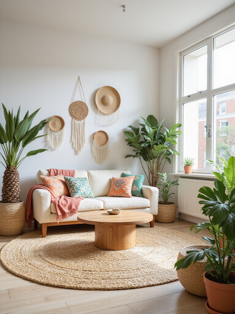 Boho living room with a large jute rug, cream sofa, and natural light.