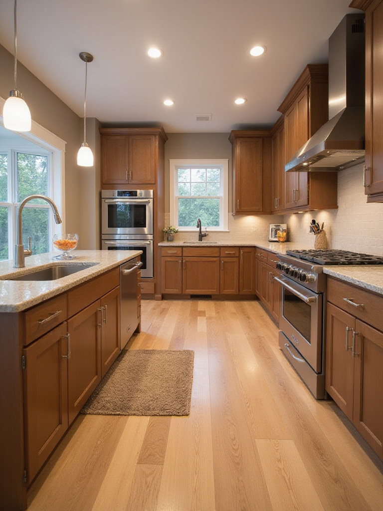Brown kitchen with light oak natural wood flooring.