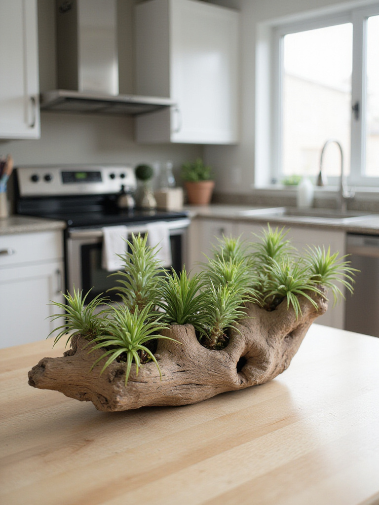 Driftwood and air plant centerpiece on kitchen table
