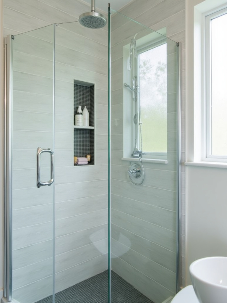 Small bathroom shower with built-in niche for toiletries.