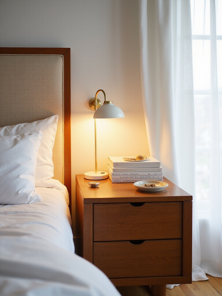 Stylishly curated nightstand with lamp, books, and jewelry dish in a mid-century modern bedroom.