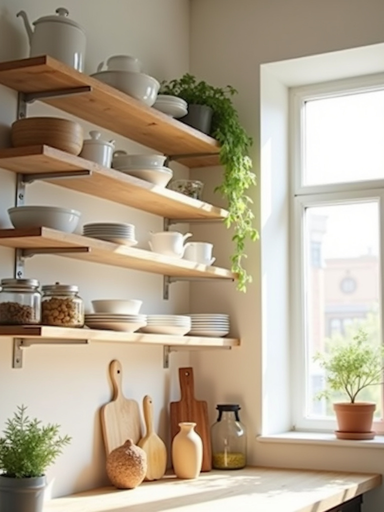 Modern apartment kitchen with open shelving showcasing organized dishware and plants.