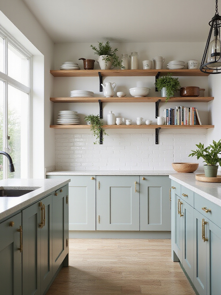 Modern kitchen design featuring a balanced combination of open and closed shelving for storage and display.