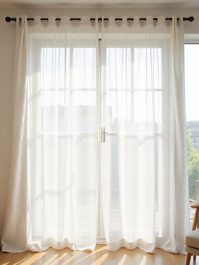 Minimalist living room with sheer linen curtains filtering natural light.