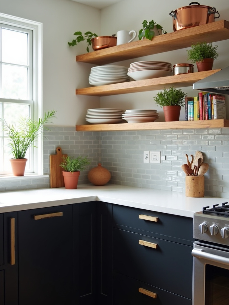 Black kitchen cabinets with natural wood open shelving displaying cookware, dishes, and plants.