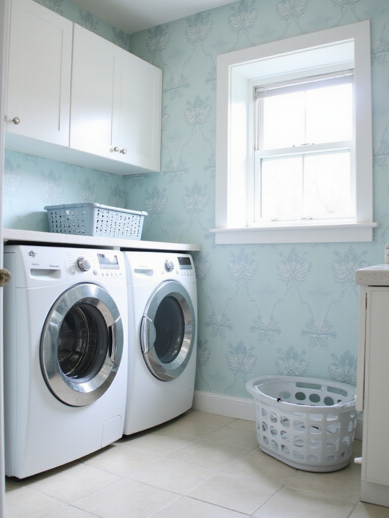 Bright laundry room with light blue floral washable wallpaper