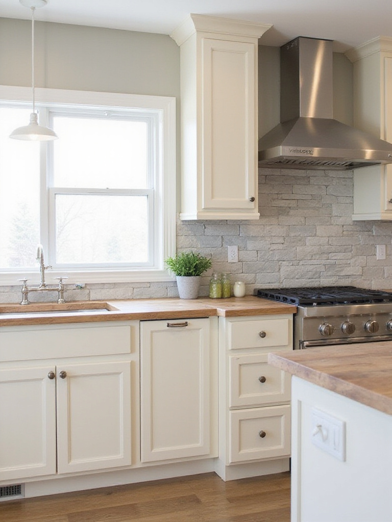 Farmhouse kitchen with light gray stacked stone backsplash