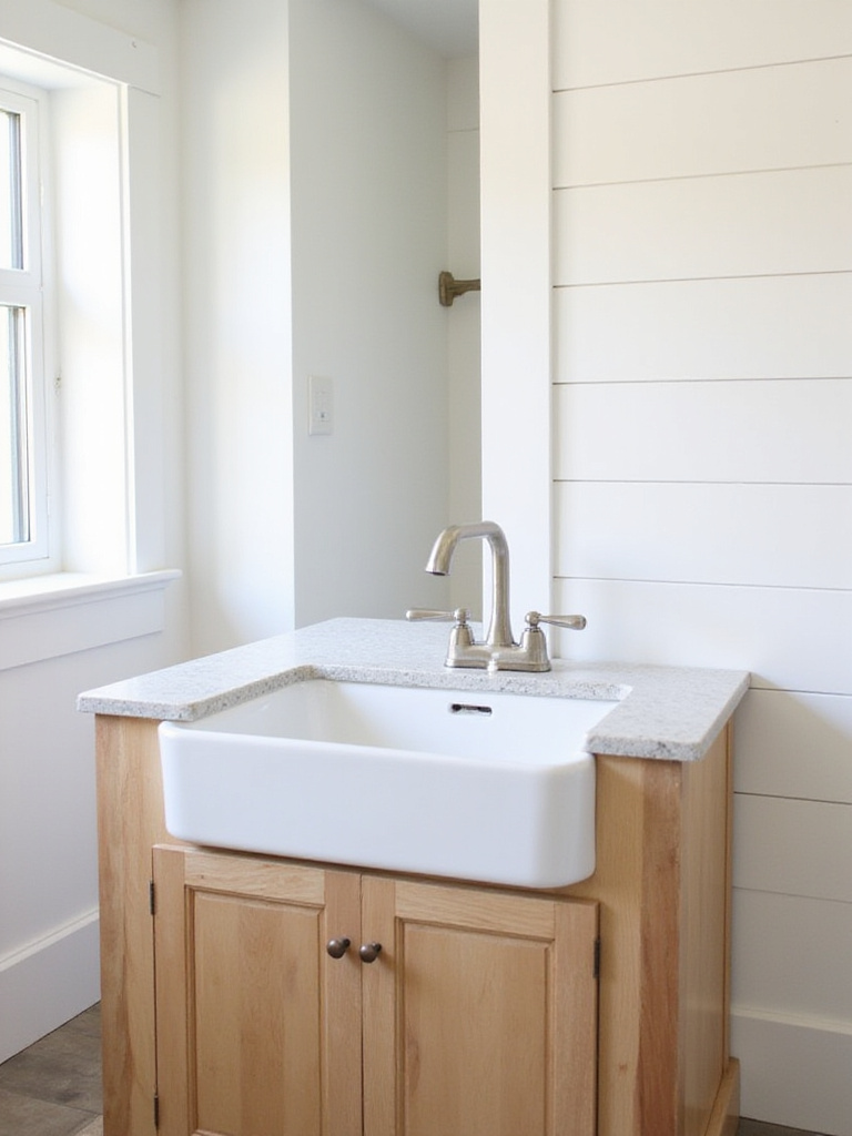 White fireclay farmhouse apron sink in a bright farmhouse bathroom