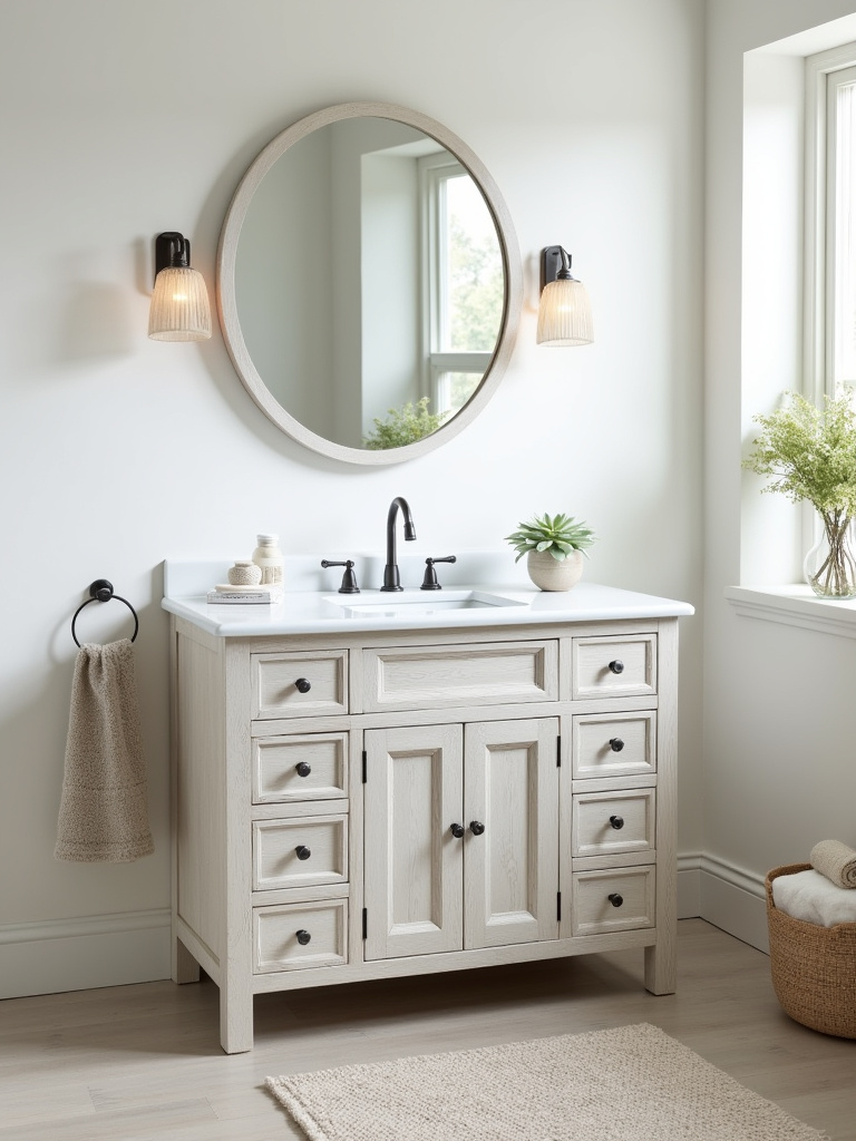 Light and airy coastal bathroom with a whitewashed vanity, contributing to the bright and relaxed atmosphere.
