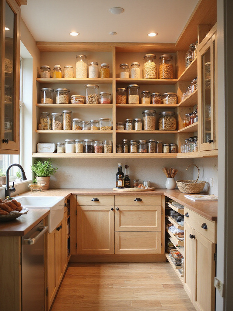 Well-organized modern kitchen pantry with adjustable shelving and clear containers