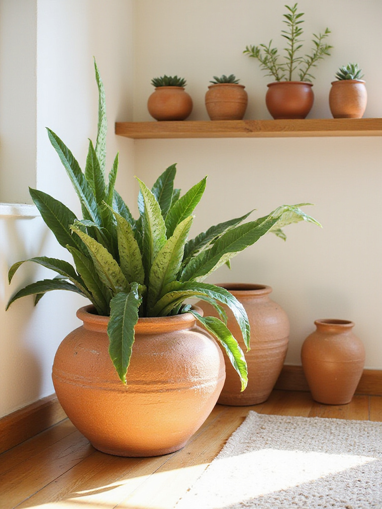 Boho living room corner featuring organic terracotta pottery and plants.
