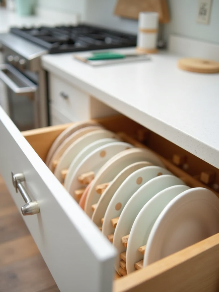 Kitchen drawer with plates organized vertically using a pegboard system.
