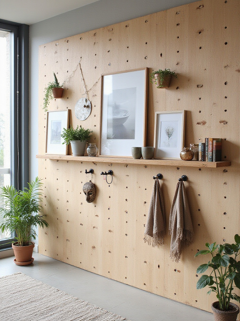 Modern living room with a stylish pegboard wall displaying art, plants, and decorative items.
