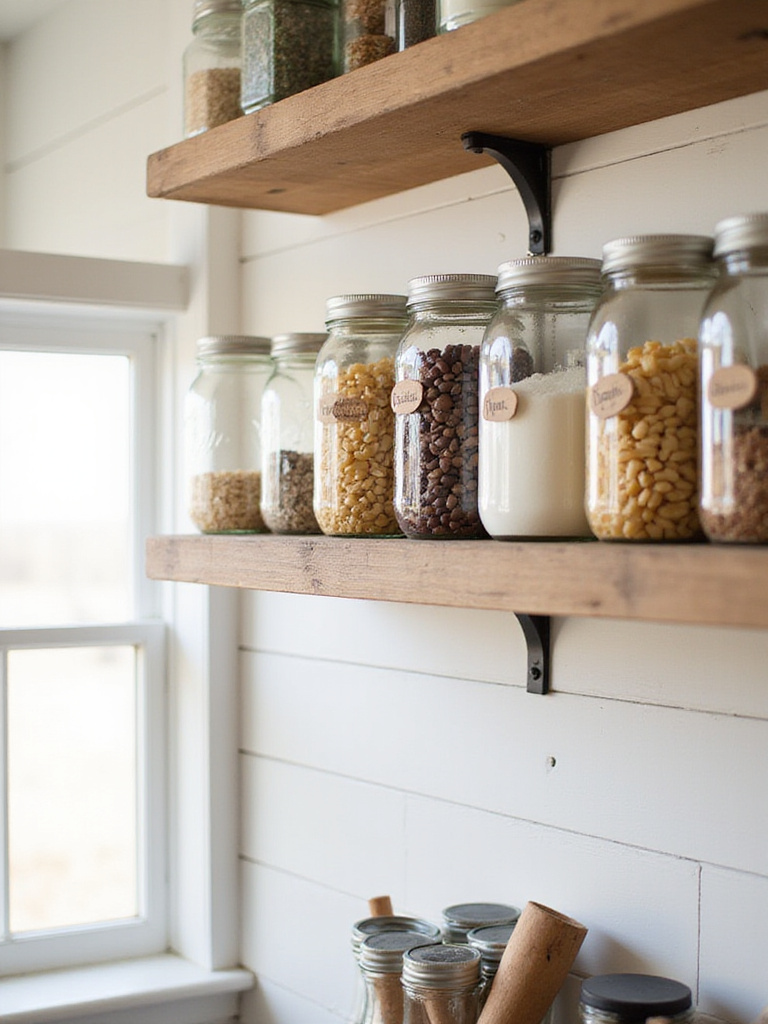 Farmhouse kitchen pantry organization using mason jars