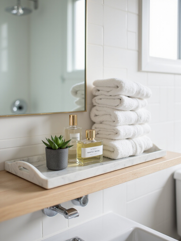 Bathroom shelf with marble tray displaying perfume, succulent, and towels