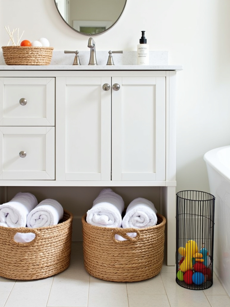 Bathroom organization using decorative storage baskets for towels, toiletries, and bath toys.