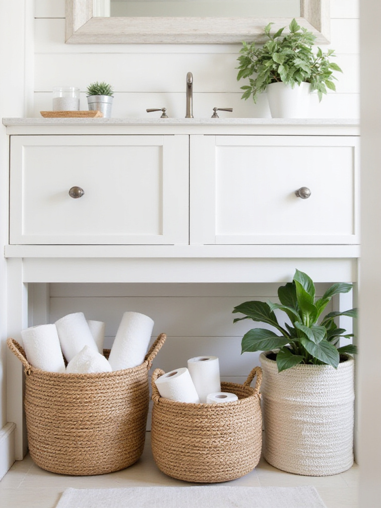 Farmhouse bathroom vanity with rustic woven baskets for organized storage.