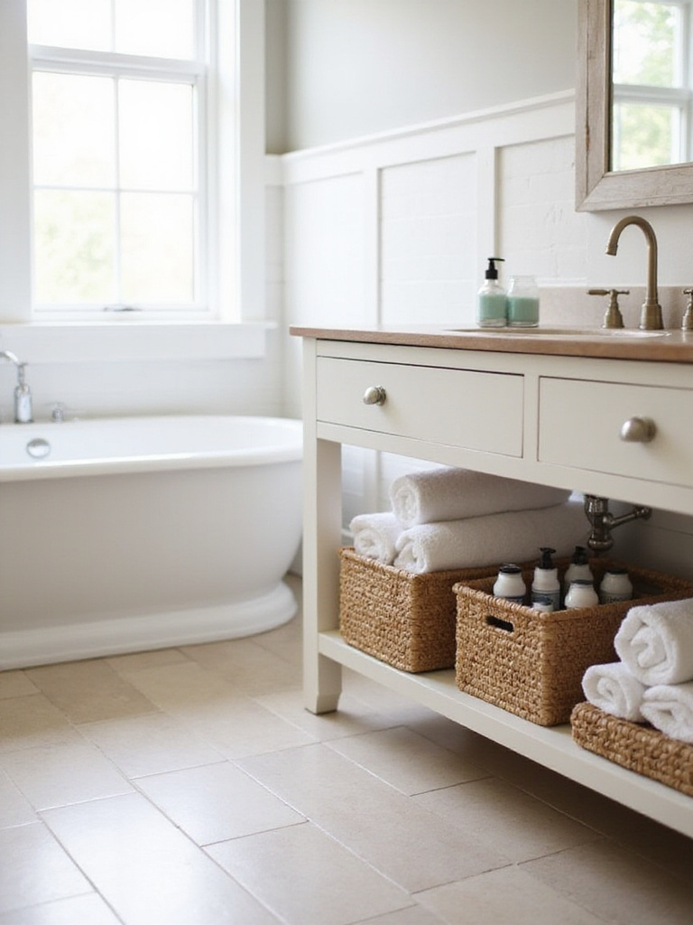 Bathroom vanity with woven baskets underneath for stylish storage of towels and toiletries.